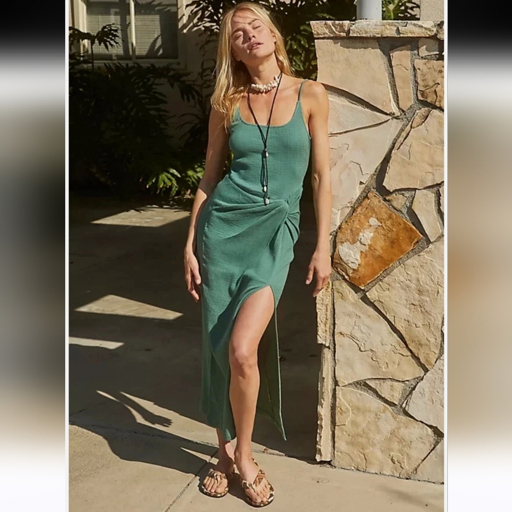 Free People Green Maxi Tank Dress with Side Slit